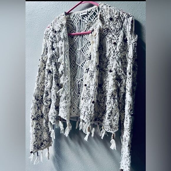 MOHÍTO ITALY MACRAMÉ OPEN KNIT OPEN FRONT SWEATER SIZE L - Picture 3 of 8